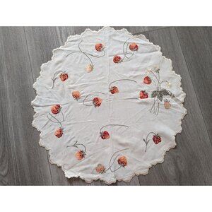 Vintage Round Embroidered Strawberry Tablecloth With Scalloped Edges 15" Diamete